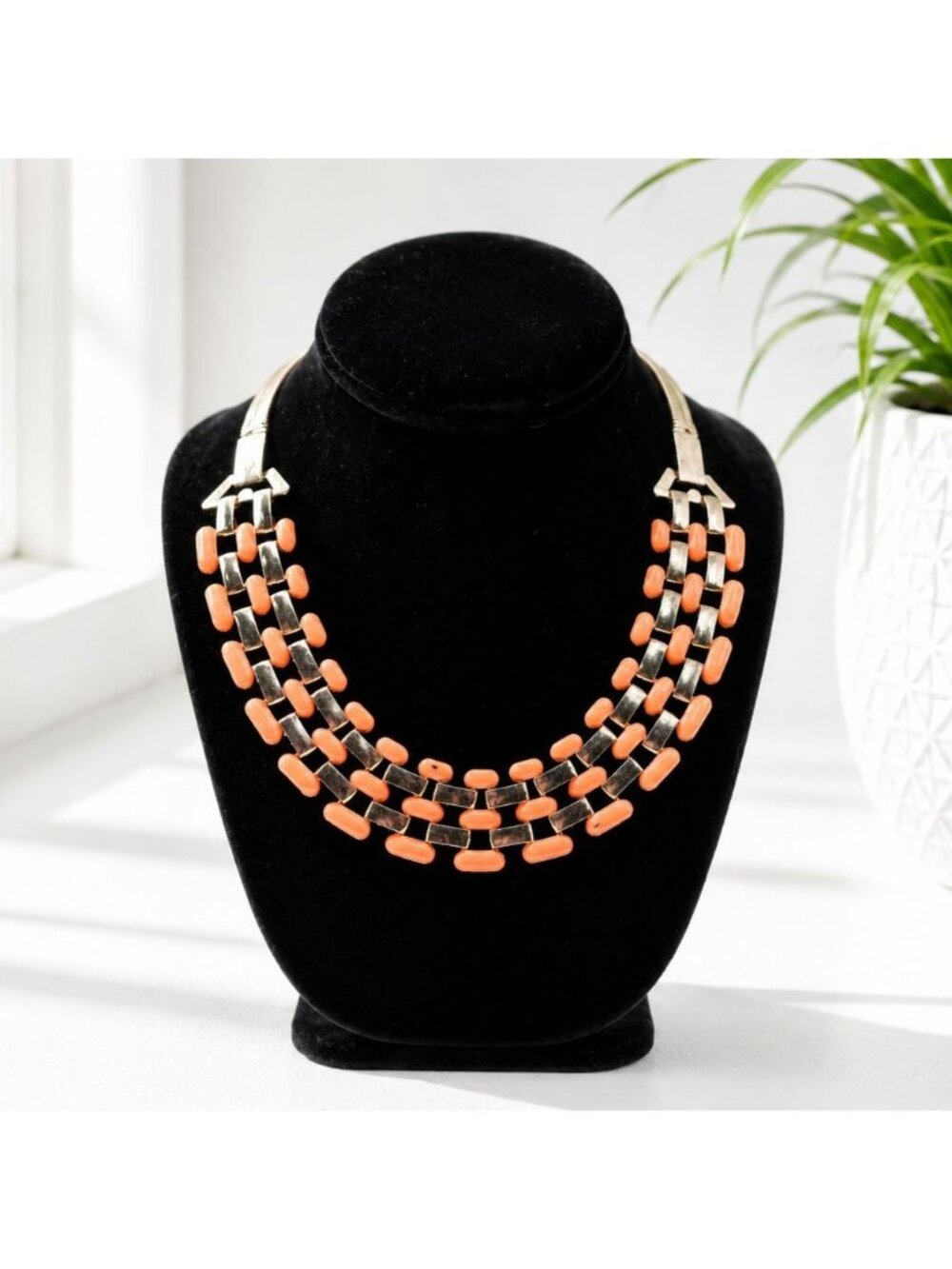 Vintage Gold-Tone Necklace With Coral-Colored Beads & Chain Link Design Adjustab